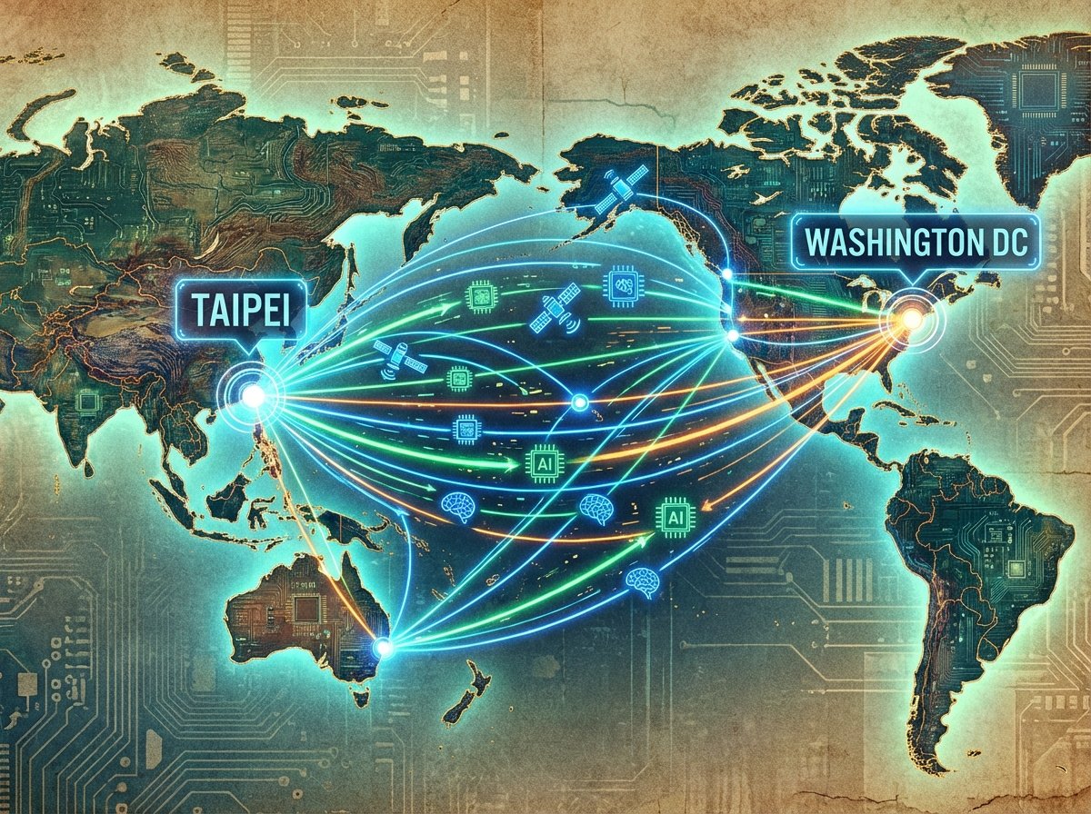 A stylized digital world map highlighting the trade routes between Taipei and Washington DC, glowing interconnected nodes, representing high-tech cooperation, artistic rendering, textured background, 4:3