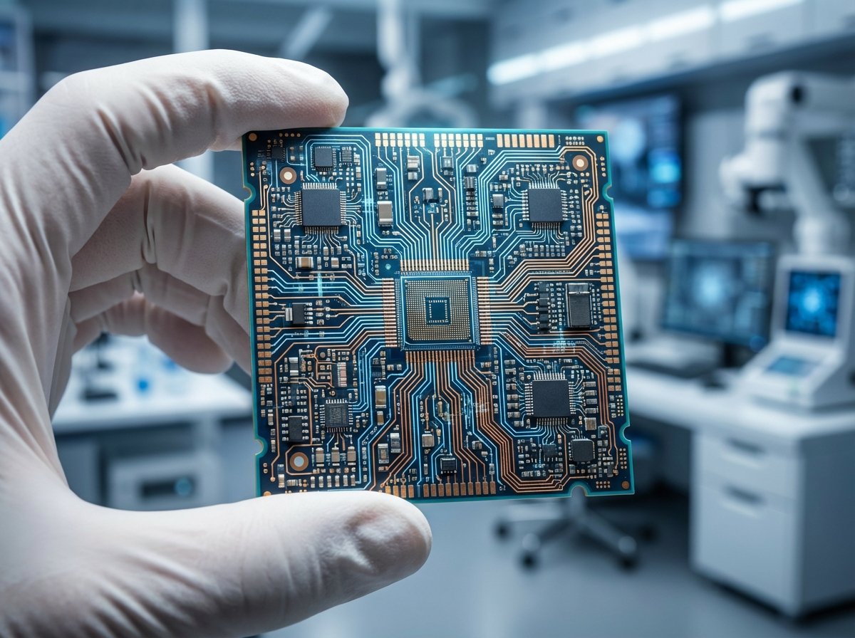 Close-up of a high-tech semiconductor chip held by a gloved hand, focus on the intricate patterns of the chip, modern laboratory background, high contrast, clean infographic style, 4:3