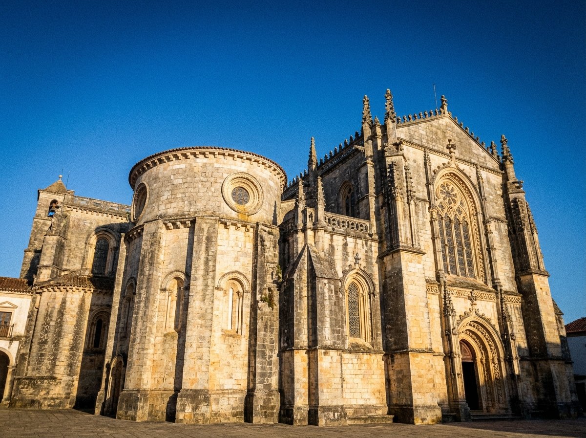 A majestic wide-angle view of the Convent of Christ in Tomar, Portugal. The architecture shows a mix of Romanesque, Gothic, and Manueline styles with ancient stone walls and a circular church (Charola). Soft morning sunlight illuminates the limestone facade against a clear blue sky. High contrast, artistic rendering, textured background, 4:3