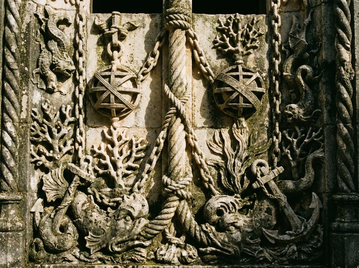 Close-up of the famous Manueline window at the Convent of Christ in Tomar. Detailed stone carvings of ropes, corals, and maritime symbols. The texture of the aged limestone is prominent. Artistic lighting highlighting the intricate details. High contrast, 4:3