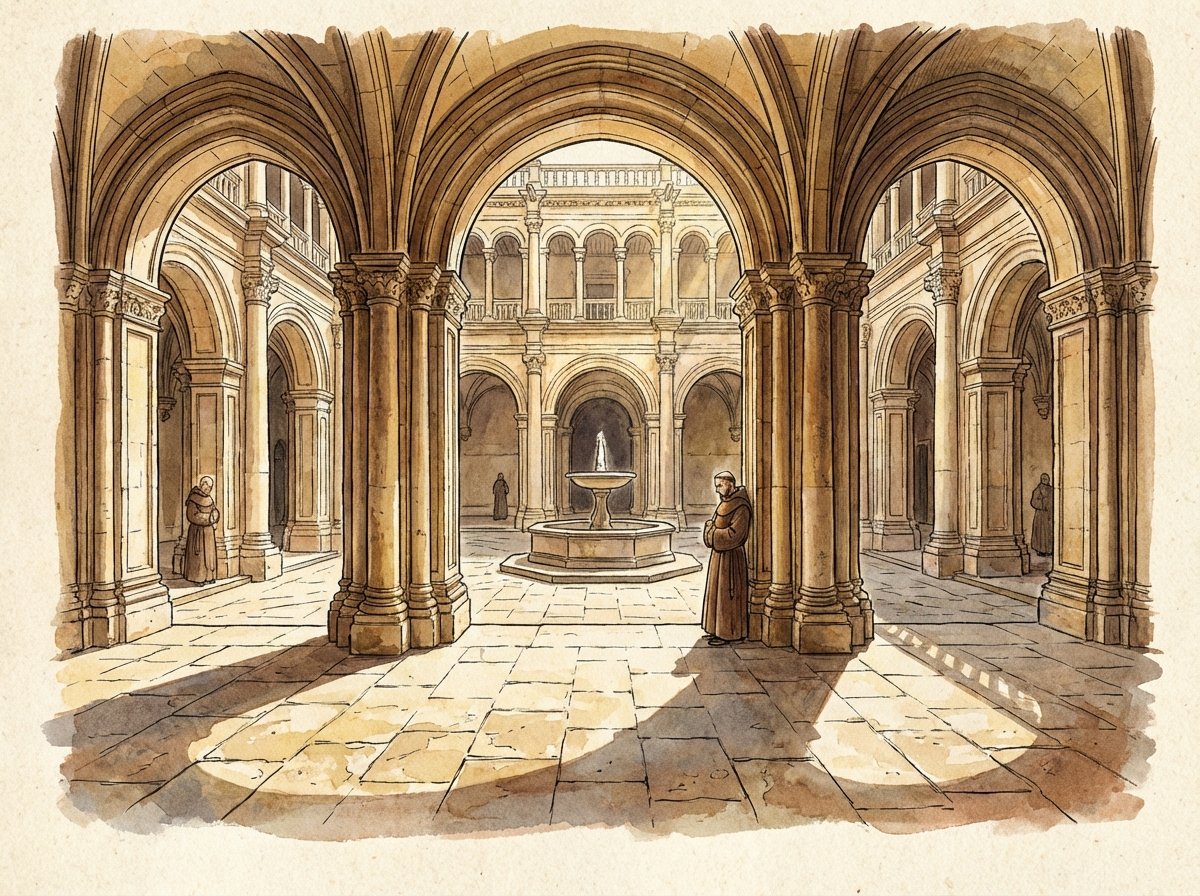 Interior view of one of the eight cloisters in the Convent of Christ. Symmetrical stone arches and columns with sunlight creating long shadows on the floor. Renaissance and Gothic architectural mix. Peaceful and meditative atmosphere. Illustration style, 4:3