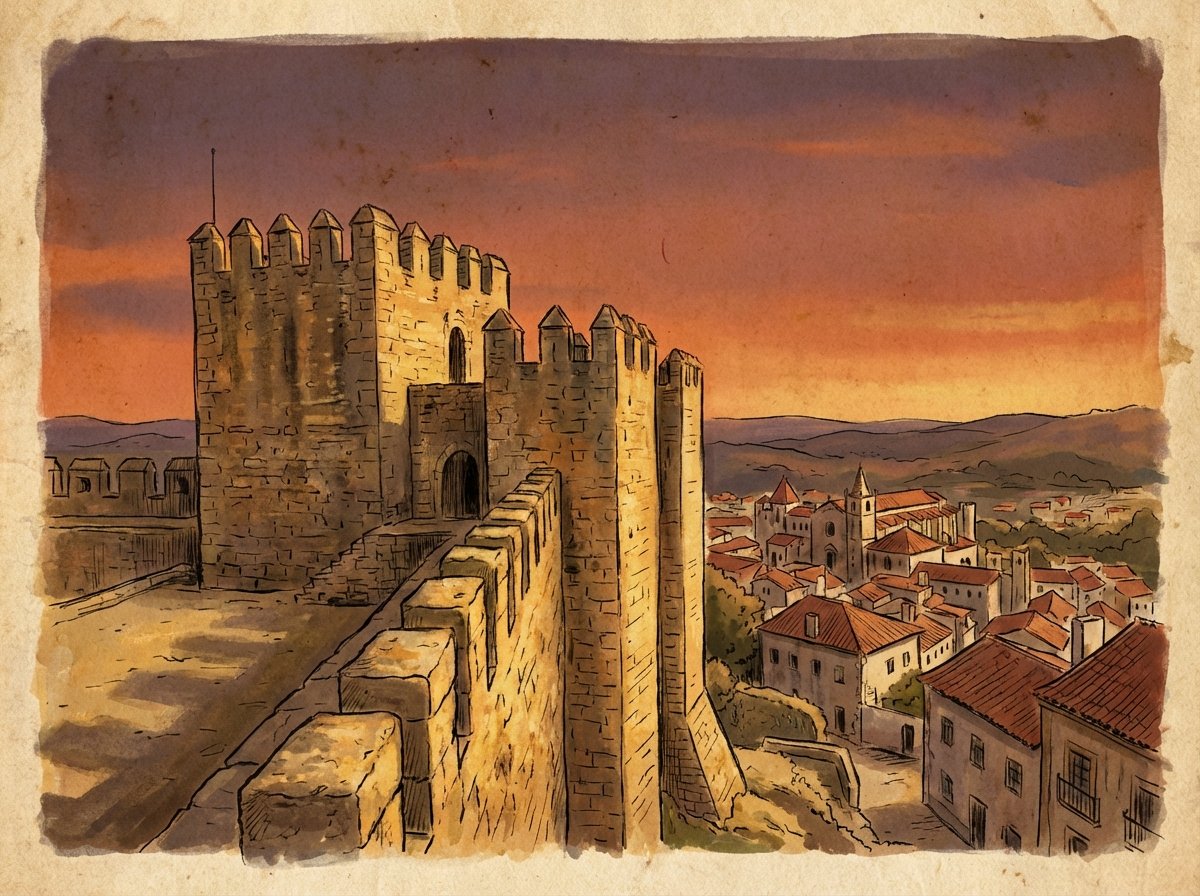 The exterior stone walls and battlements of the Tomar Castle at sunset. The warm golden hour light hits the ancient stones. In the background, the small town of Tomar with orange rooftops is visible. Atmospheric and nostalgic history illustration, 4:3