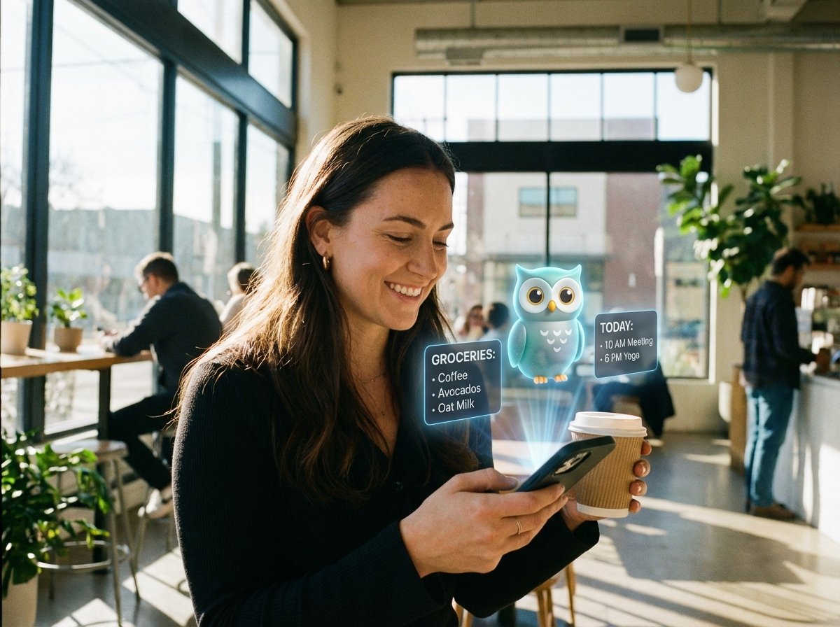 A person in a modern cafe using a smartphone where a 3D holographic AI assistant is helping to manage shopping lists and schedules, natural sunlight, warm lifestyle photography, 4:3