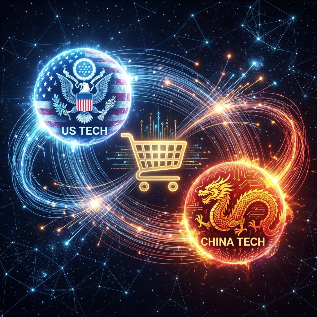 Two glowing digital orbs representing US and China tech spheres interacting with a golden shopping cart icon in the center, fiber optic lines, dark background with subtle sparks, detailed composition, 1:1