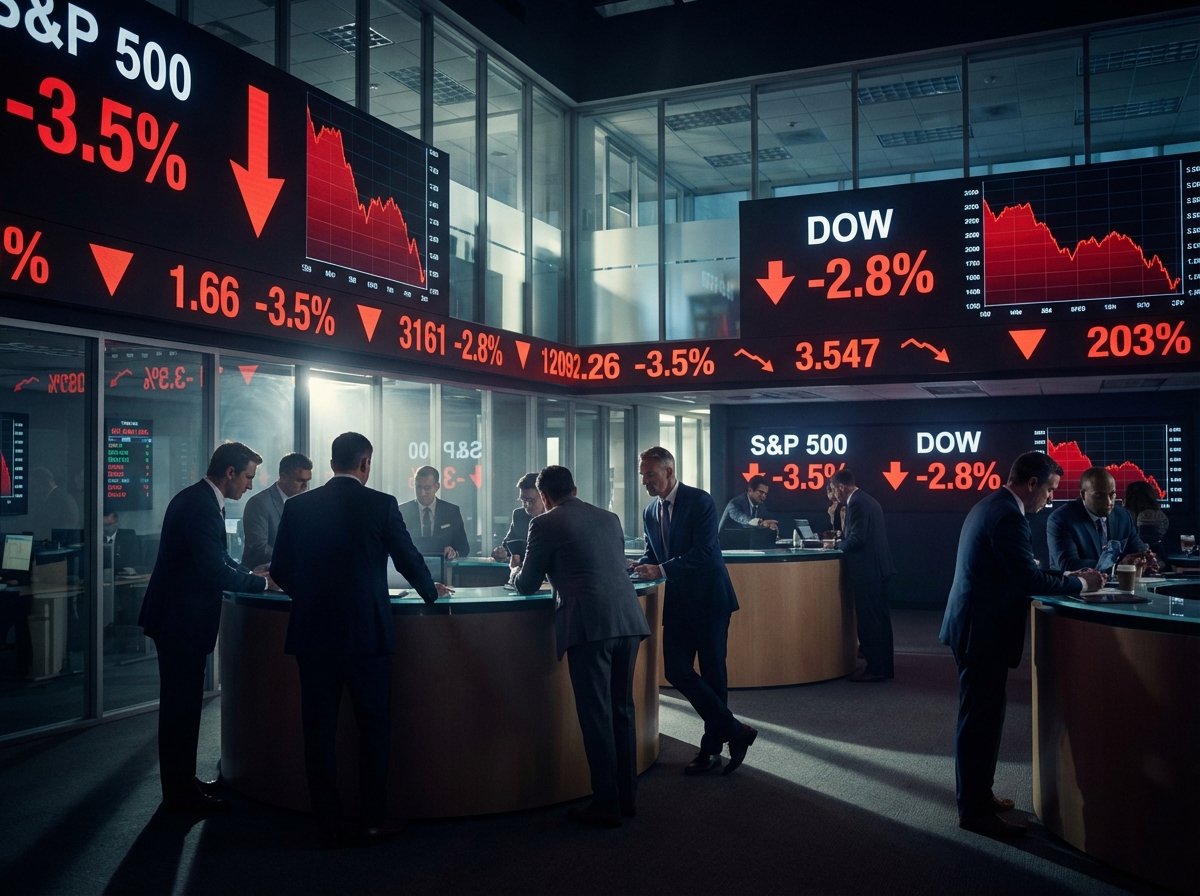 A professional cinematic shot of a modern stock exchange trading floor with large digital displays showing red stock market indices and downward trend lines, high contrast lighting, focused atmosphere, 4:3
