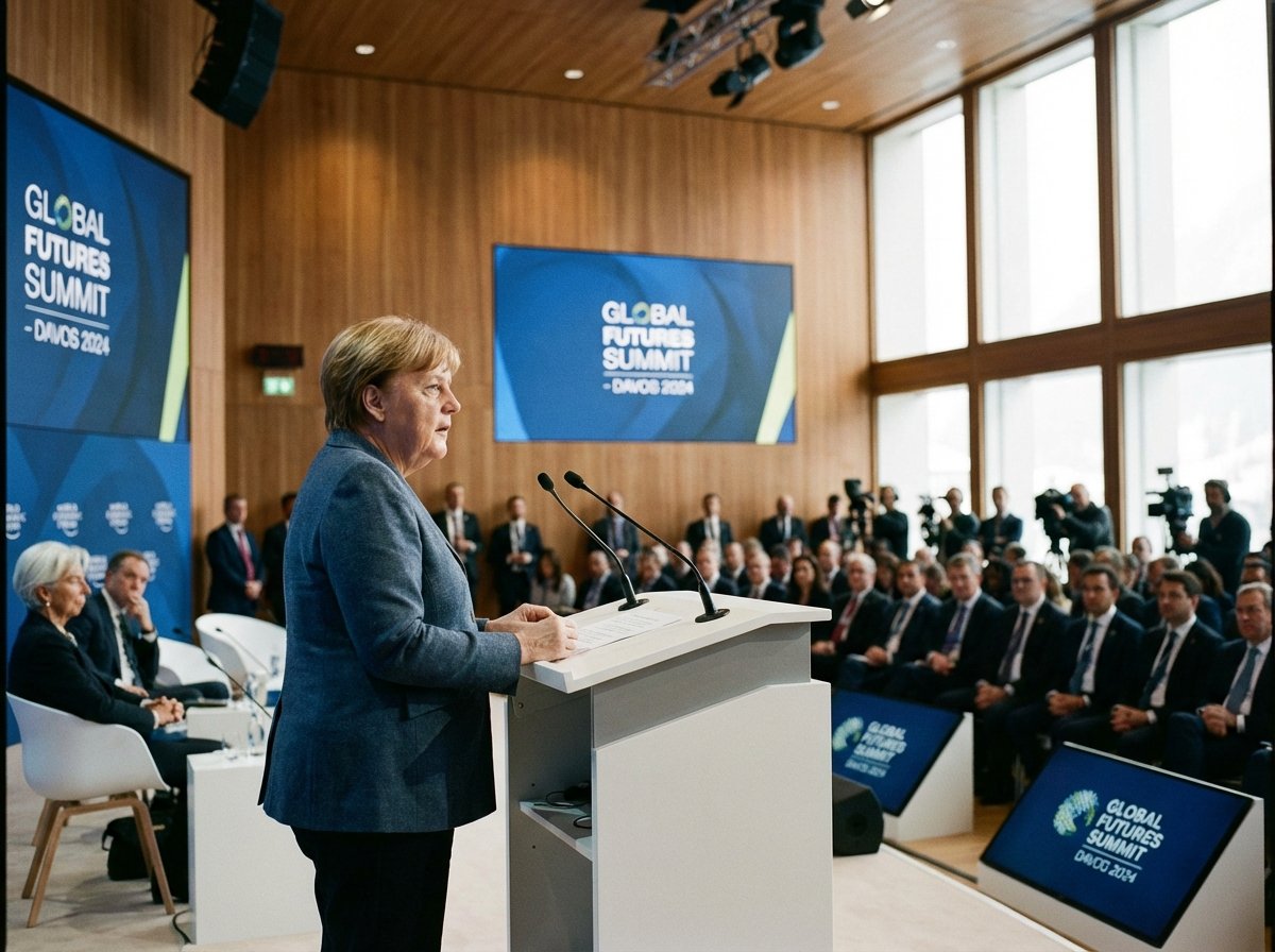 A medium shot of a world leader speaking at a professional podium in a grand conference hall like Davos, blurred audience in the background, modern international summit setting, 4:3