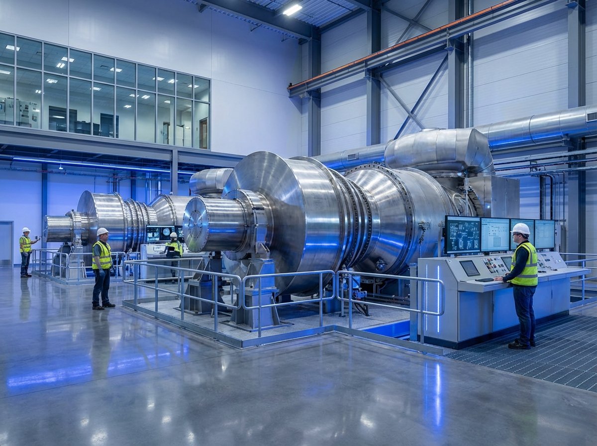 High-tech industrial scene featuring massive natural gas turbines in a clean modern power plant, soft blue and metallic tones, professional engineering photography, 4:3