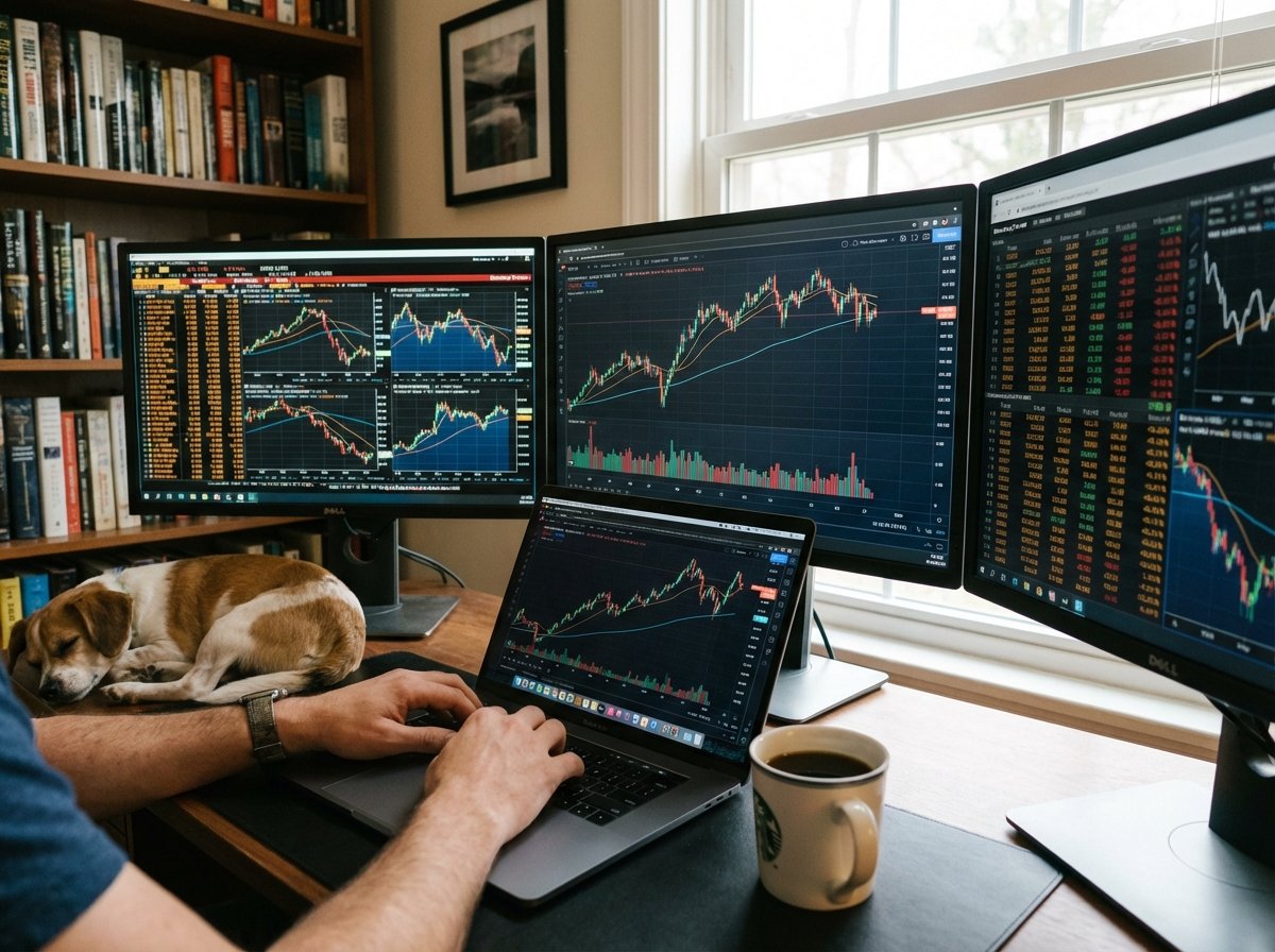A focused investor's hands typing on a laptop with multiple monitors displaying complex stock market charts and financial data in a warm home office setting, 4:3