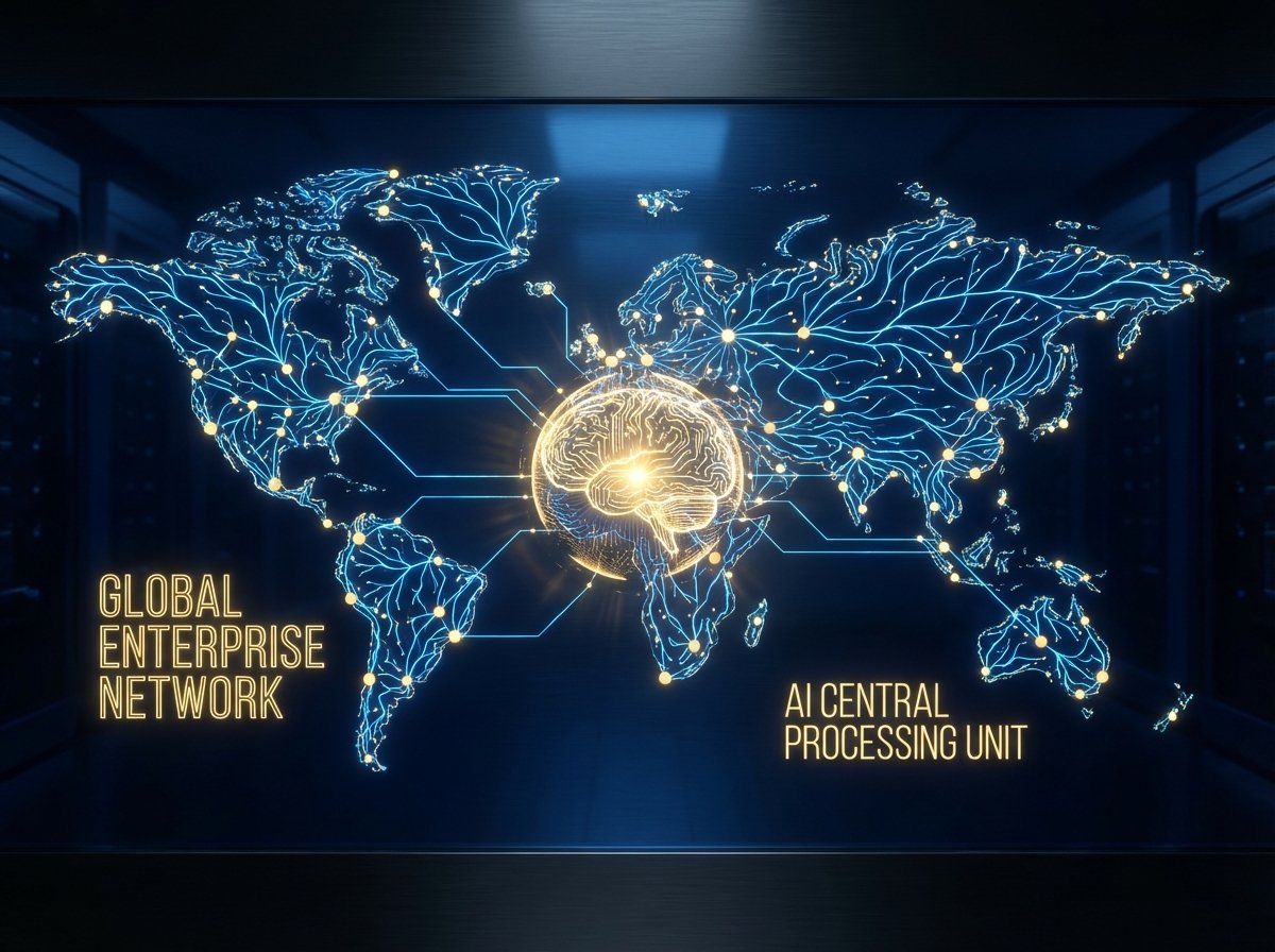 Abstract representation of a global enterprise network connected to a central glowing AI brain, deep blue and gold color scheme, professional and high-tech atmosphere, 4:3