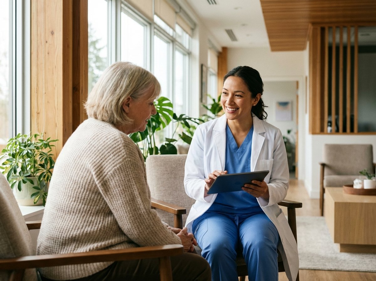 A friendly female doctor in a modern medical clinic holding a digital tablet and talking to a patient, soft natural indoor lighting, high quality lifestyle photography, 4:3