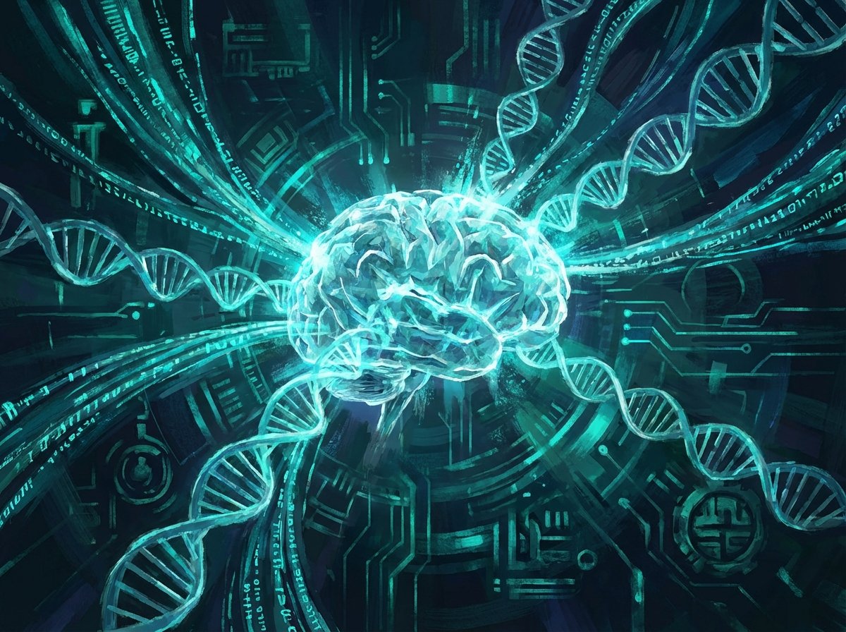 Concept art of glowing digital data strands and DNA structures being processed by a central artificial intelligence core, dark background with teal and cyan accents, 4:3