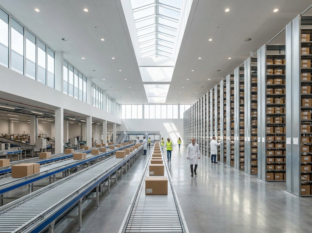 A professional shot of a modern clean pharmaceutical distribution center with delivery boxes, bright and airy environment, high-end architectural photography, 4:3