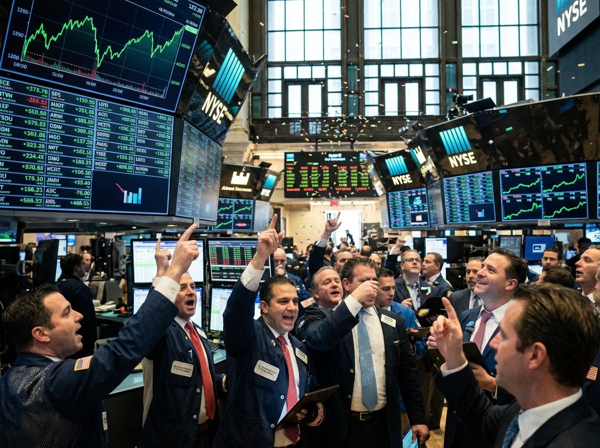 Traders on the floor of the New York Stock Exchange looking at green rising stock charts on large screens, professional atmosphere, natural lighting, 4:3