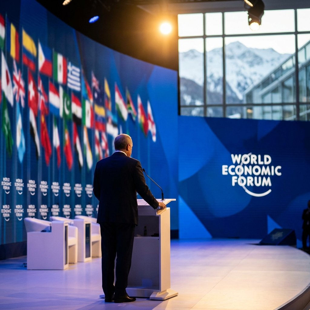 A high-level political speech scene at a modern global economic forum in Davos, Switzerland, blurry background with international flags, cinematic lighting, 1:1