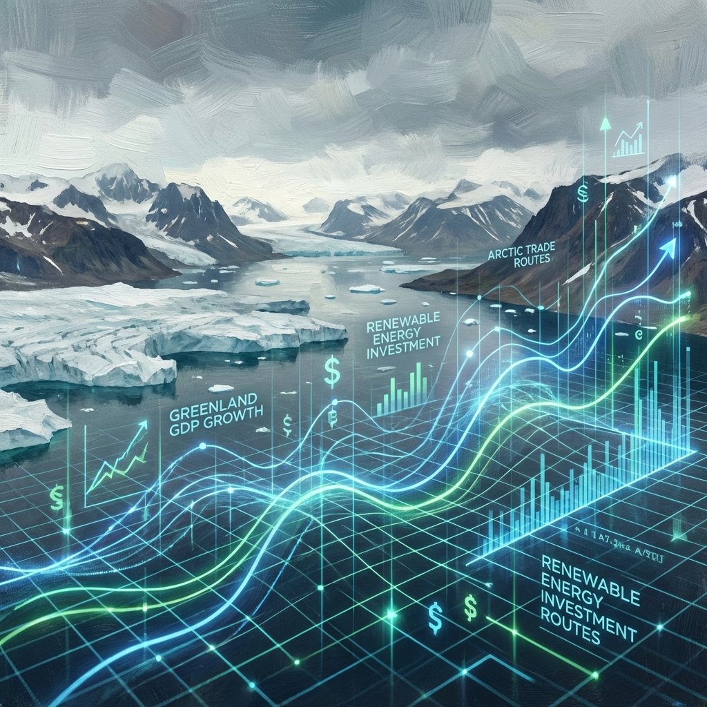Artistic rendering of Greenland landscape with overlay of digital grid and glowing economic data lines, modern and clean style, 1:1