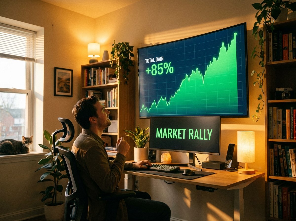 Person looking at a large screen showing a green upward trending stock market chart in a home office, warm and hopeful lighting, 4:3