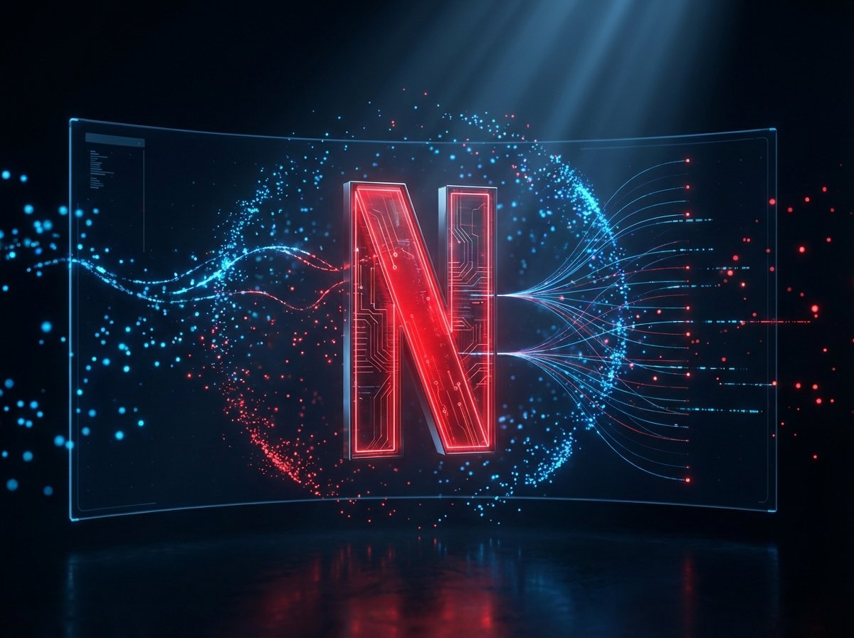 A sleek and modern 3D rendering of the Netflix logo on a digital screen, surrounded by glowing particles and abstract data lines representing technology growth, high contrast, cinematic lighting, no text. 4:3