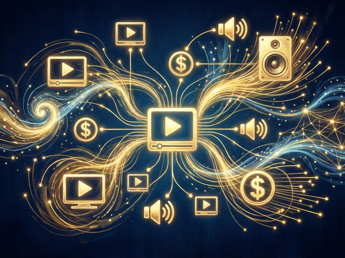An abstract conceptual illustration of digital advertising, showing glowing icons of media players and dollar signs interconnected by golden fiber optic lines on a dark blue textured background, artistic rendering, no text. 4:3