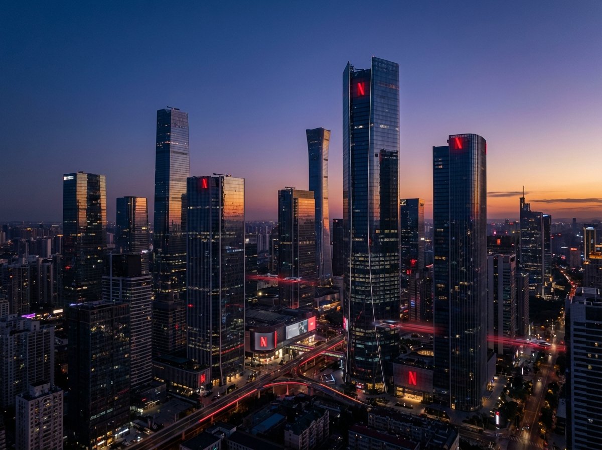 A cinematic view of a modern metropolitan city skyline at dusk, with subtle Netflix branding visible on sleek building facades, futuristic and clean aesthetic, no text. 4:3