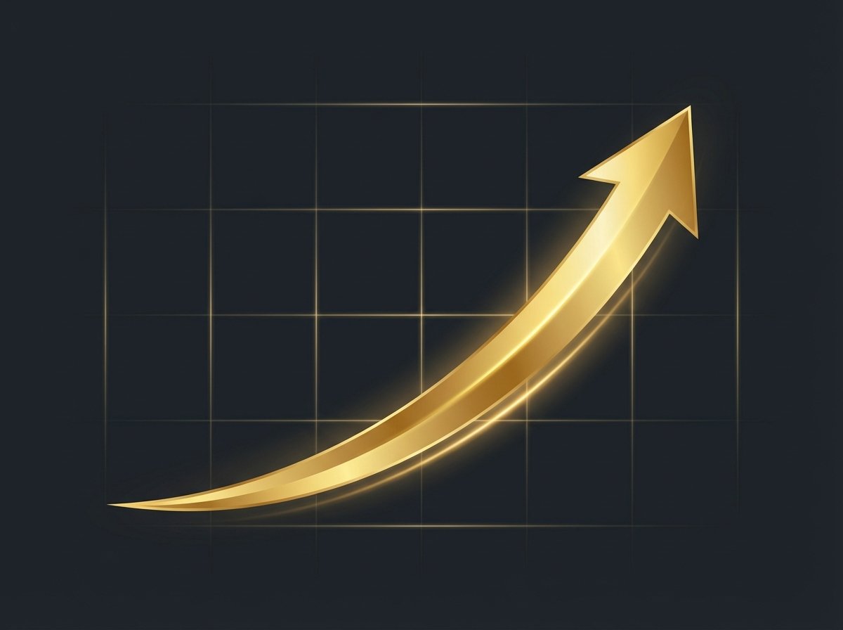 A professional and clean infographic style illustration showing a rising golden arrow curve against a dark background with subtle grid lines, symbolizing financial growth and success, high contrast, no text. 4:3
