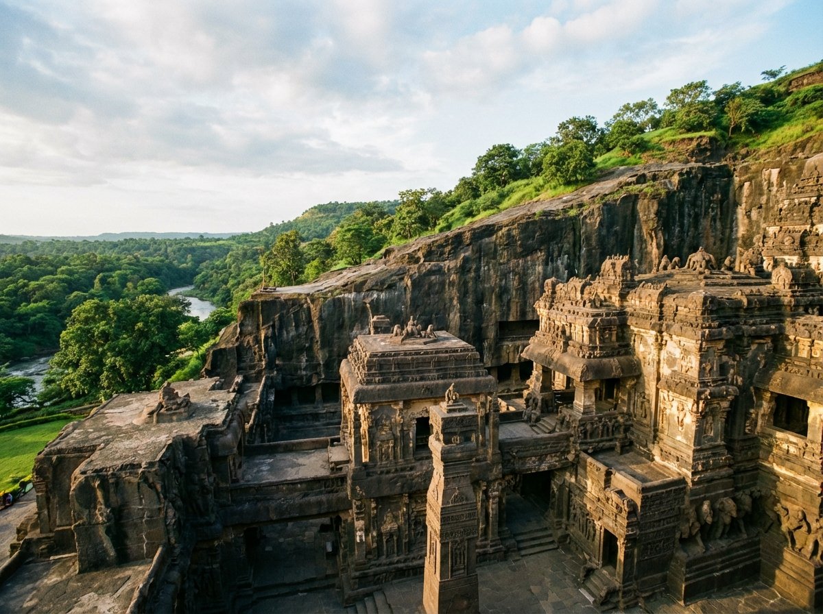 A wide cinematic view of the Ellora Caves in India, showing the massive rock-cut architecture carved into a basalt cliff under a bright morning sun. The scene features intricate carvings and ancient stone structures with a lush green landscape in the background. High quality photography style, 4:3.