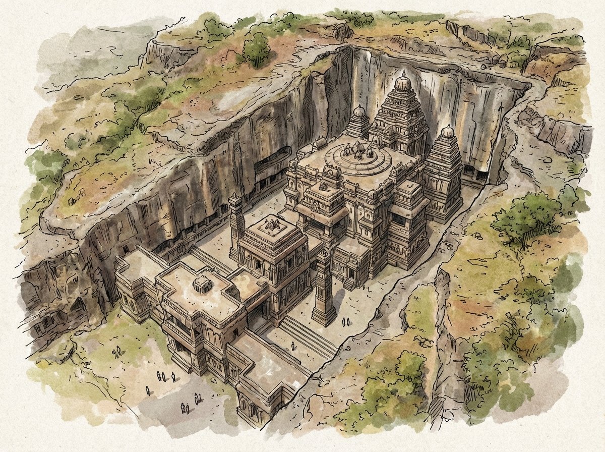 An aerial perspective showing the monolithic Kailasa Temple at Ellora, carved out of a single rock from the top down. The u-shaped courtyard and the intricate temple roofs are visible against the surrounding basalt cliff side. Artistic illustration style, 4:3.