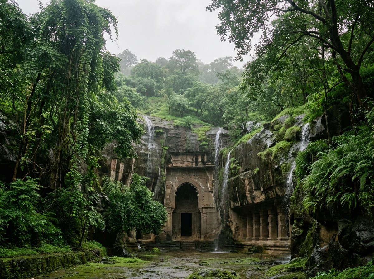 A scenic view of the Ellora Caves entrance surrounded by lush green vegetation and small seasonal waterfalls during the post-monsoon season. The ancient rock entrances are partially framed by tropical trees under a soft cloudy sky. High quality photography, 4:3.