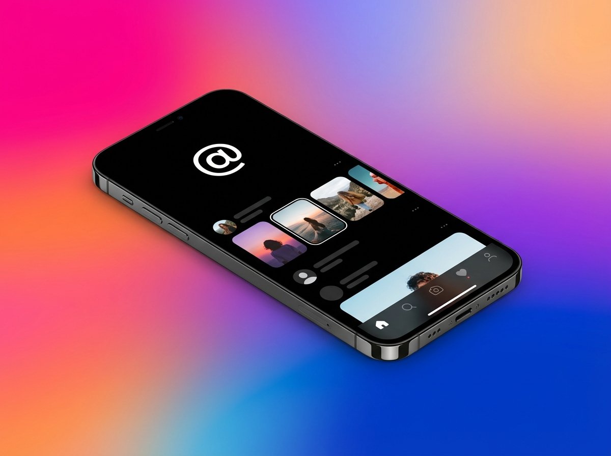 A sleek smartphone displaying a modern social media interface with the Threads logo visible, set against a vibrant and colorful gradient background, professional lighting, clean composition, high-quality digital photography style. No text. 4:3