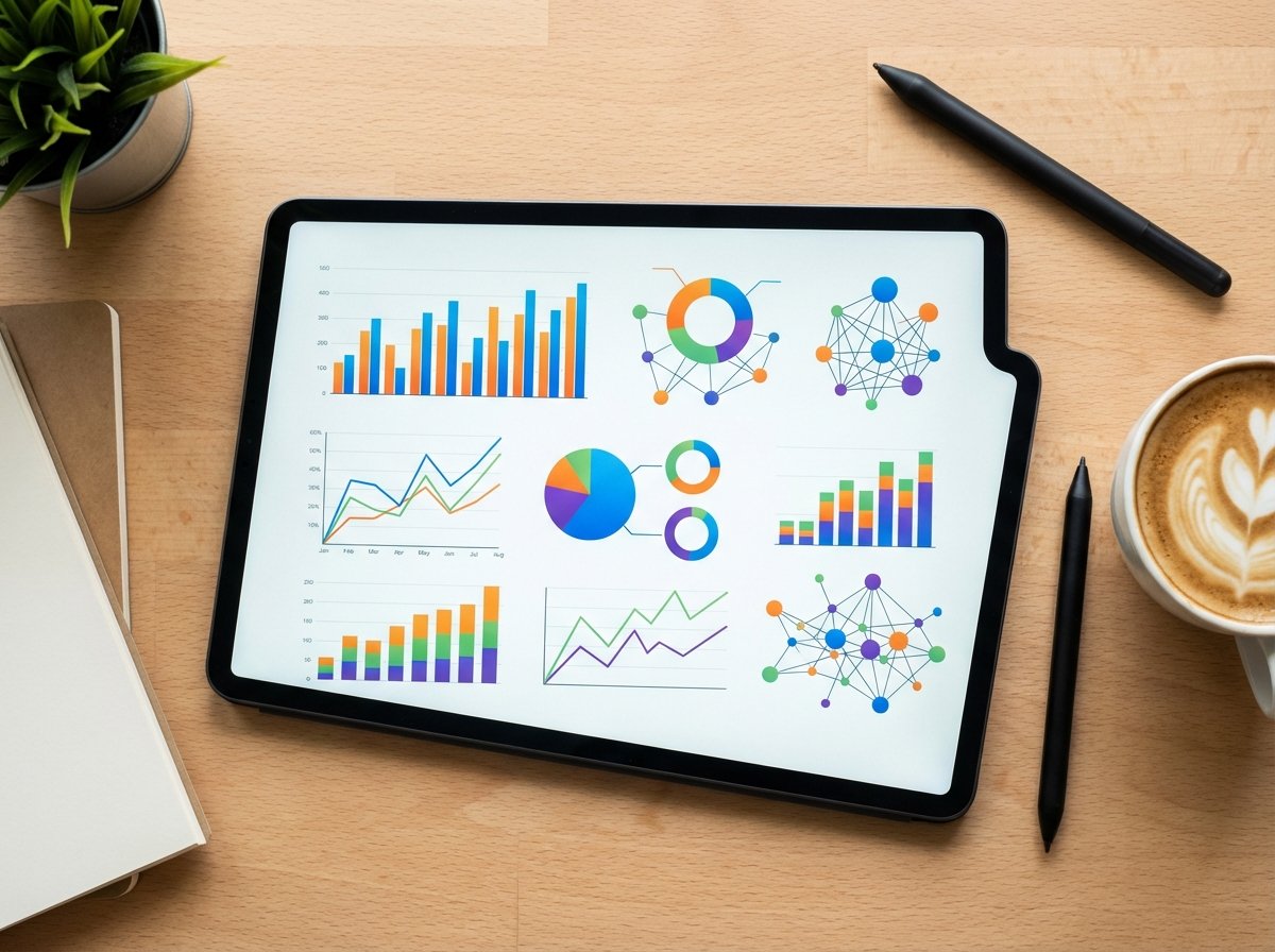 A top-down view of a tablet screen showing colorful marketing analytics charts and social media engagement graphs, surrounded by a clean workspace with a coffee cup and a stylus, professional and modern atmosphere, high contrast. No text. 4:3