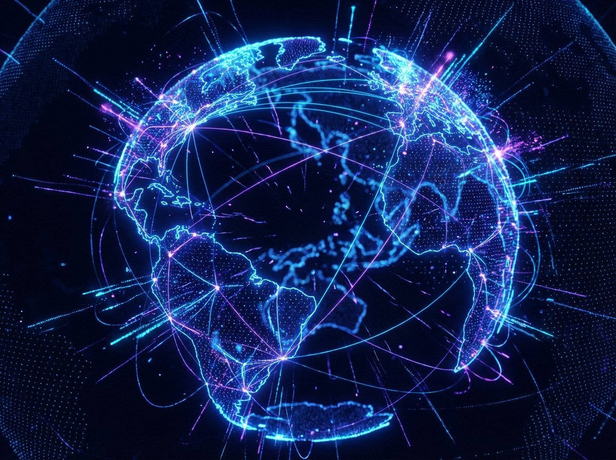 An abstract illustration representing global connectivity and data flow, with glowing lines connecting different points on a dark background, vibrant blue and purple neon lights, modern and futuristic aesthetic, high-quality digital art. No text. 4:3
