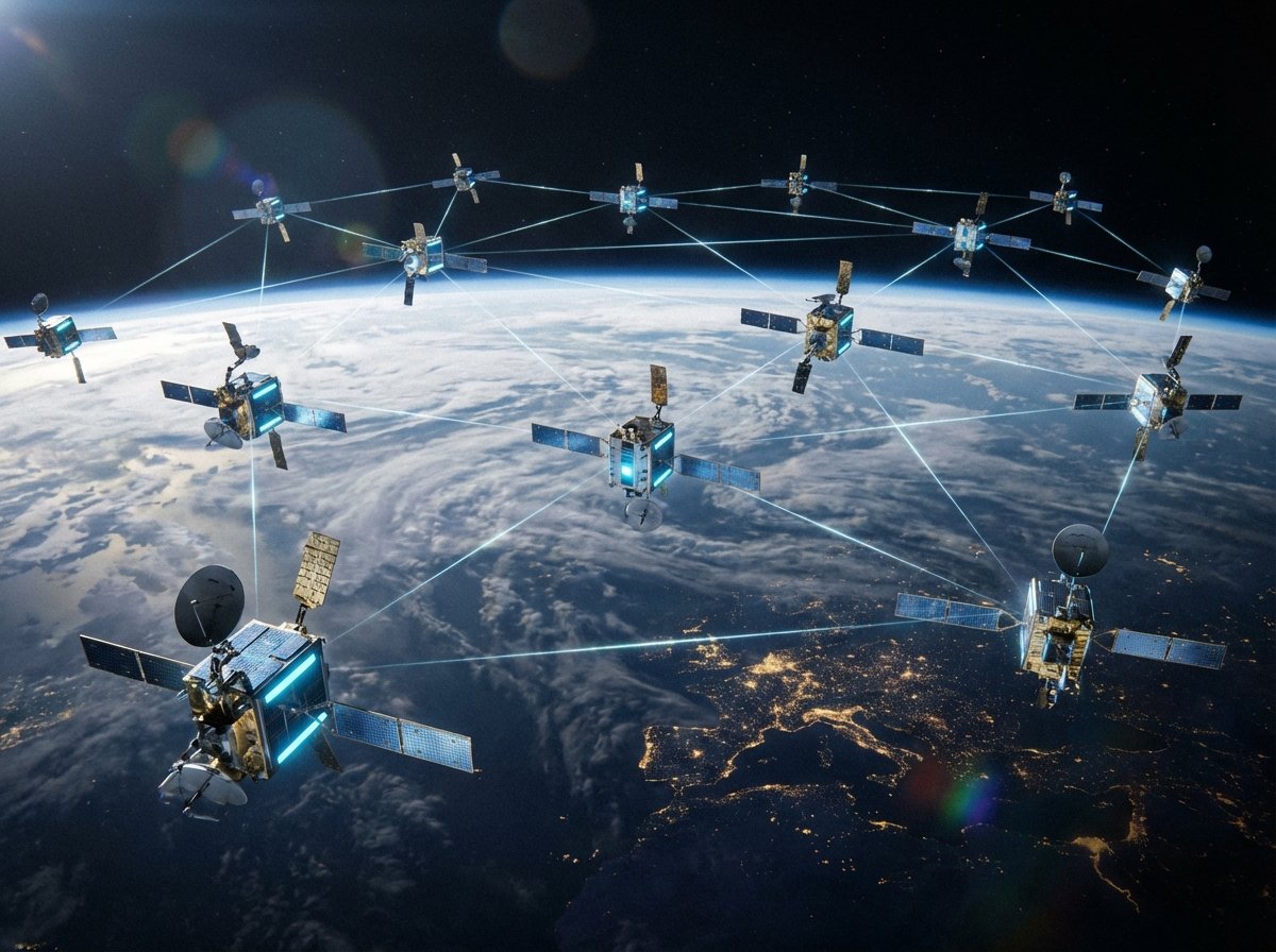 A futuristic communications satellite network orbiting the Earth. High-tech satellites with glowing panels and antennas, interconnected by subtle light beams representing data transfer. The Earth is visible below with city lights. Modern, clean, and professional cinematic space illustration. 4:3