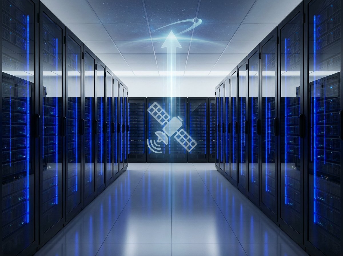 A sleek, modern server room inside a data center with glowing blue lights. Overlaid is a subtle graphic of a satellite signal icon or a beam of light pointing upwards towards space. Professional, high-tech, and clean composition. 4:3