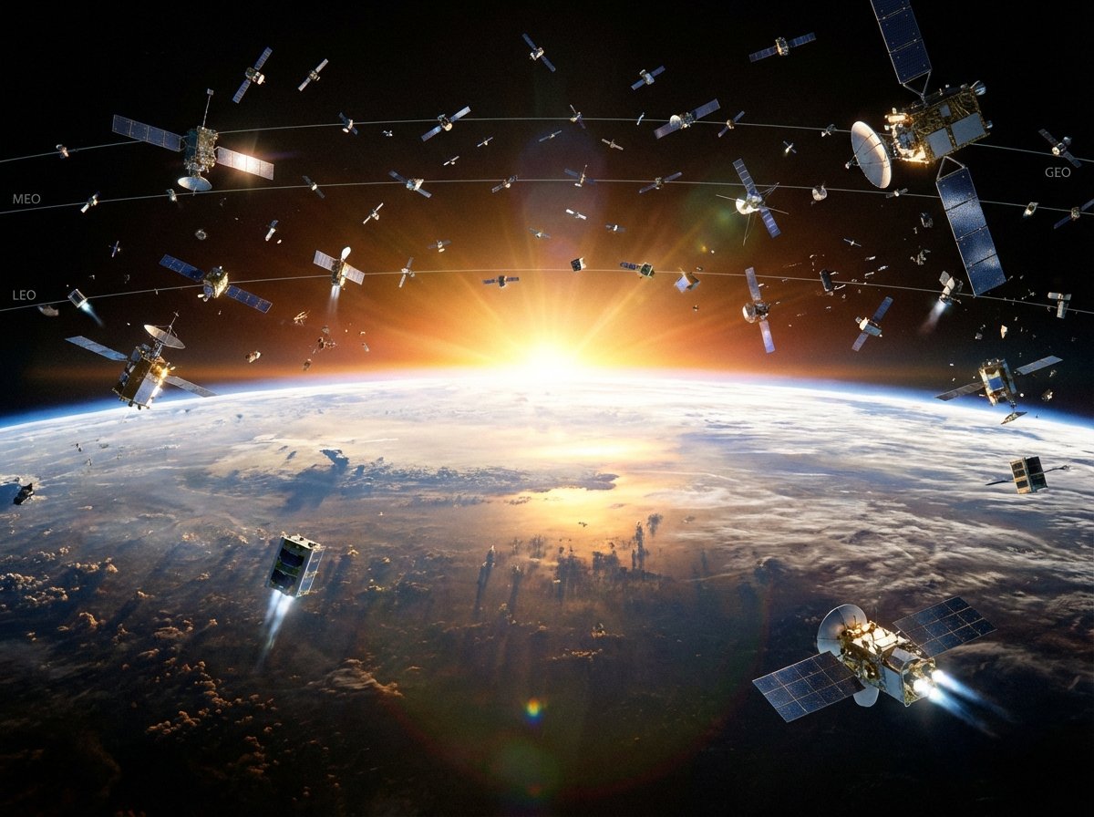 A vast constellation of satellites positioned at different orbital heights around Earth. Beautiful sunrise over the Earth horizon in the background. Highly detailed, realistic 3D rendering of space technology. 4:3