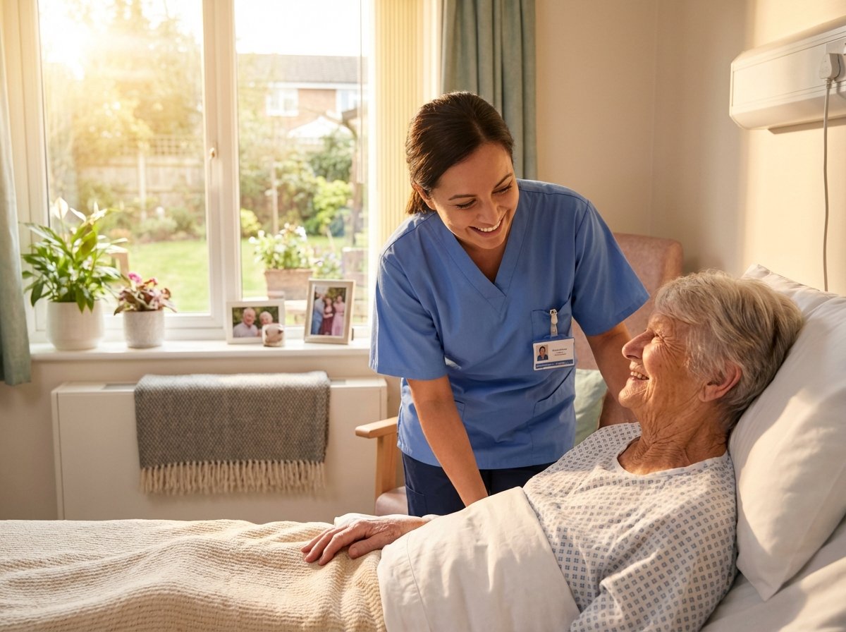 A kind nurse smiling and talking to an elderly patient in a bright hospital room, warm sunlight streaming through the window, natural and comforting atmosphere, professional lifestyle photography, 4:3