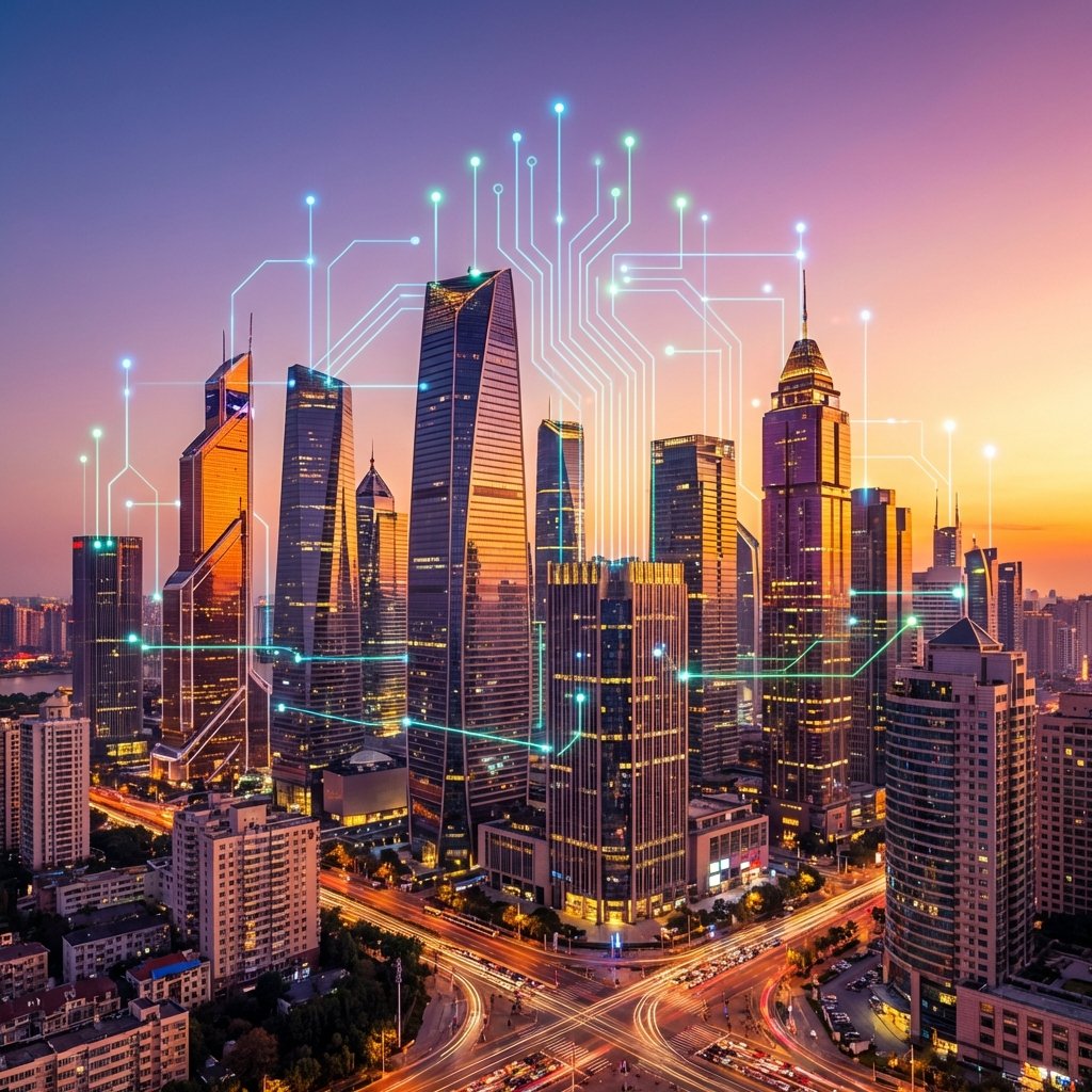 A vibrant modern city skyline at sunset with subtle digital networking light lines representing connectivity, economic growth concept, rich colors, cinematic composition, 1:1