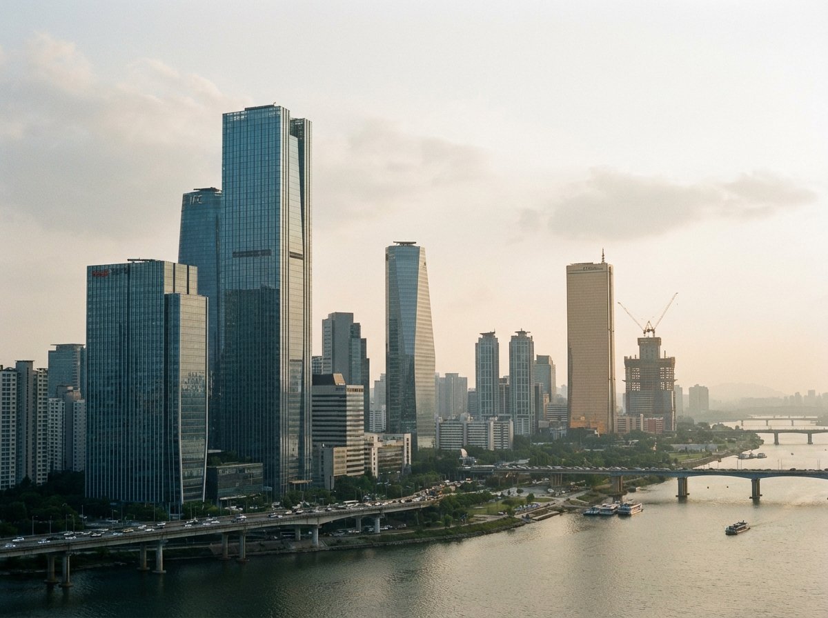 A professional wide shot of Seoul's financial district with modern glass skyscrapers and a construction crane in the distance under a slightly hazy afternoon sky. The composition is balanced and realistic. 4:3