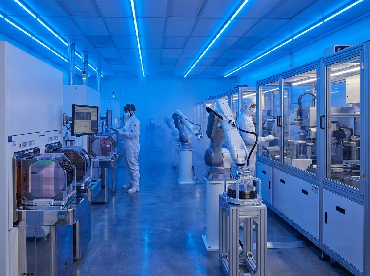 Inside a high-tech semiconductor manufacturing facility, focusing on clean room environment with robotic arms and silicon wafers. Modern blue lighting and a sense of precision engineering. 4:3