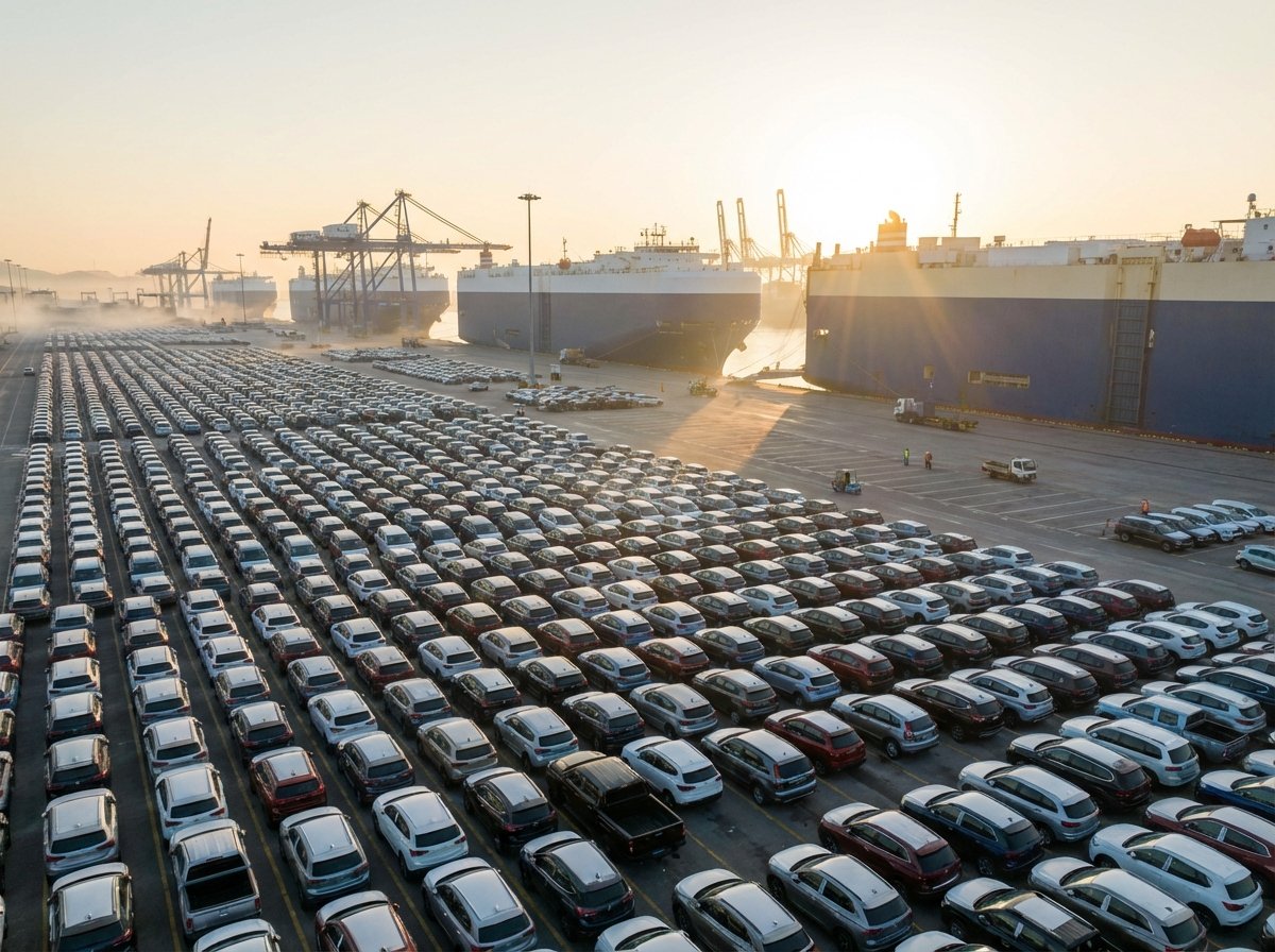 A vast shipping port terminal filled with thousands of new cars lined up for export, with large cargo ships in the background under a bright morning sun. 4:3