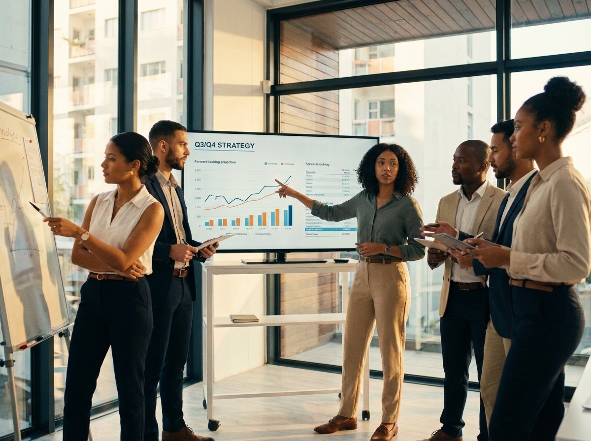 A group of professional analysts in a modern, sunlit office discussing charts and data on a screen, focusing on collaboration and forward-looking strategy. Cinematic lighting. 4:3