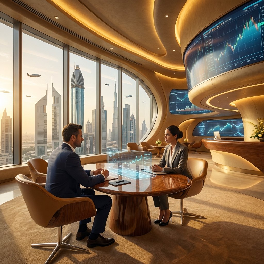 A futuristic and modern business lounge in Dubai with a view of high-tech skyscrapers. Two professional figures in business attire are engaged in a serious discussion. The atmosphere is sophisticated with soft golden lighting and high-tech digital displays in the background. No text. 1:1