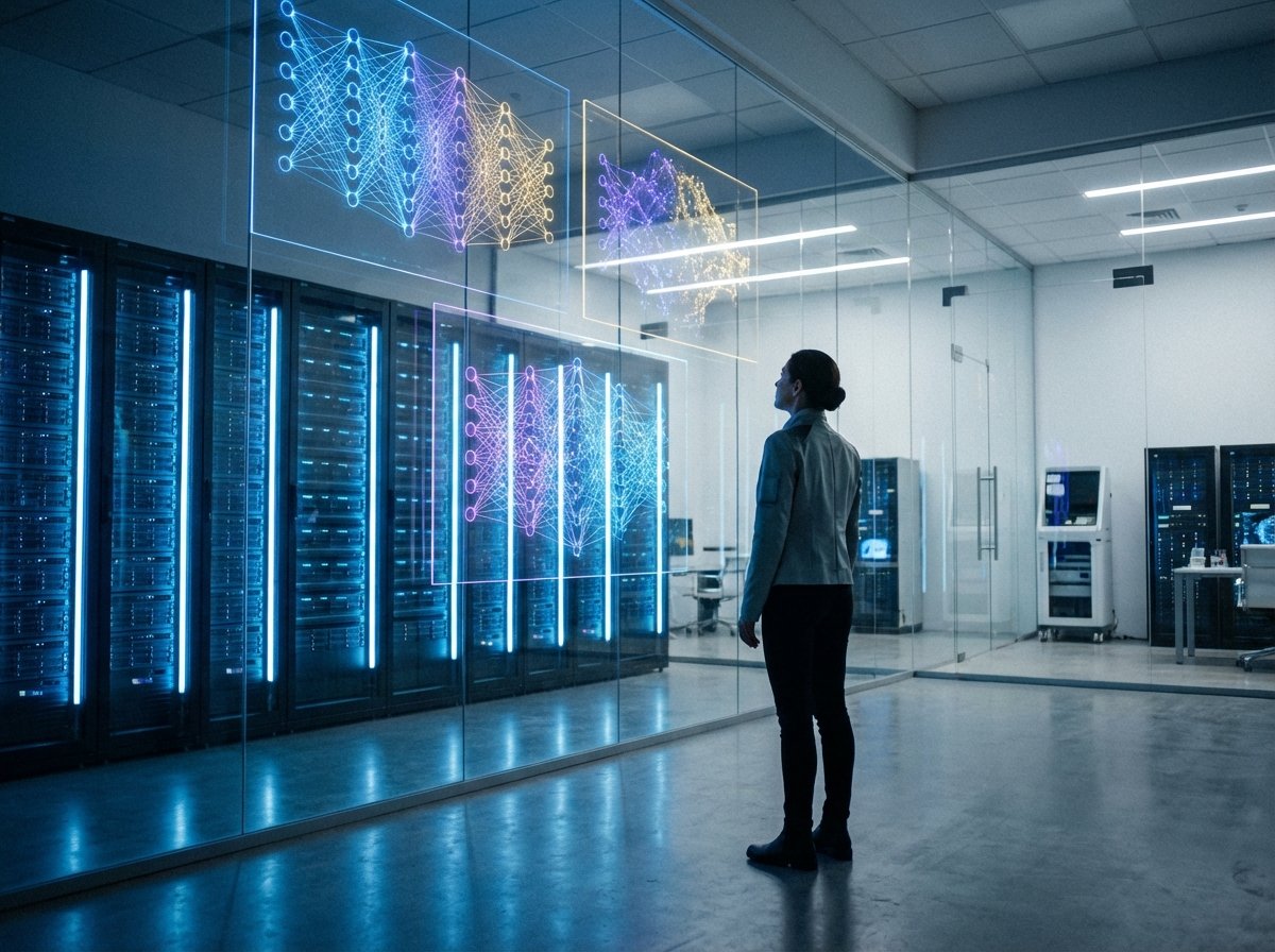 A sleek, high-tech AI research laboratory with glowing blue server racks and transparent digital screens showing neural network patterns. A visionary figure stands looking at the screens. The setting is clean, futuristic, and professional. No text. 4:3