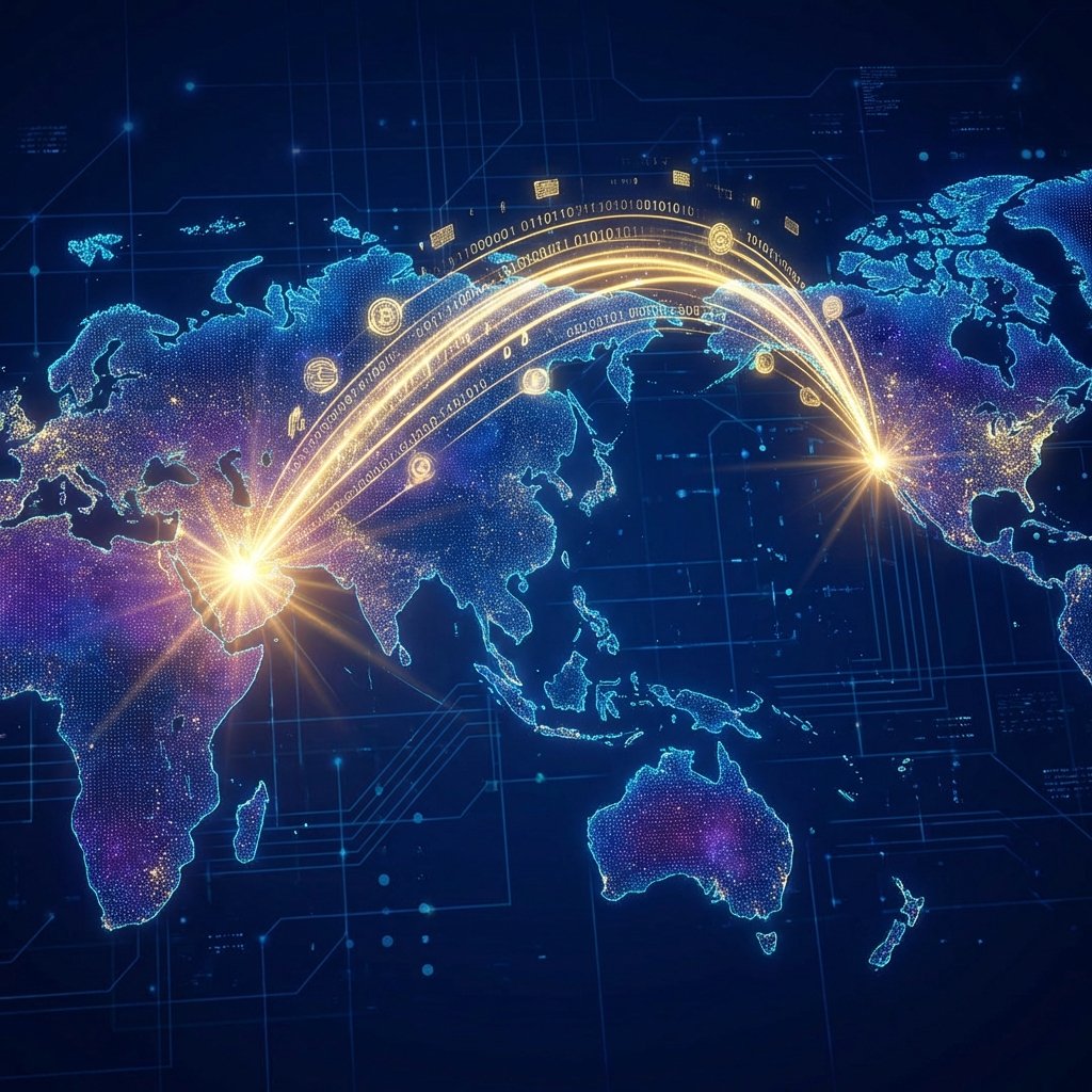 A glowing digital map of the world showing golden light paths connecting the Middle East and Silicon Valley. Digital coins and data streams flow along these paths. The background is a dark, sophisticated blue with abstract network lines. No text. 1:1