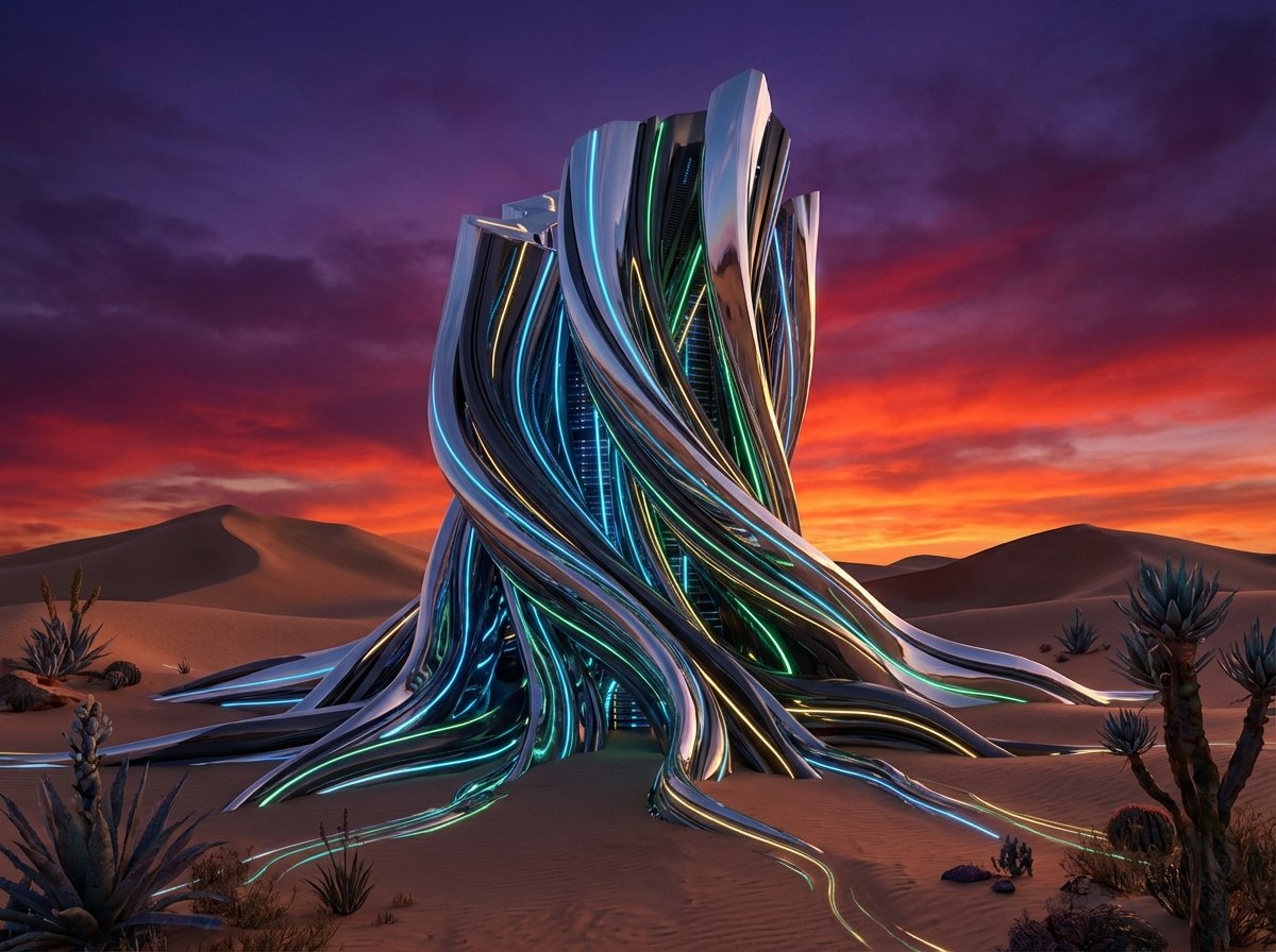A futuristic data center building with a unique architectural design featuring glowing lines and metallic surfaces. It is set in a desert landscape during twilight, blending nature with high technology. The sky is a deep purple and orange. No text. 4:3