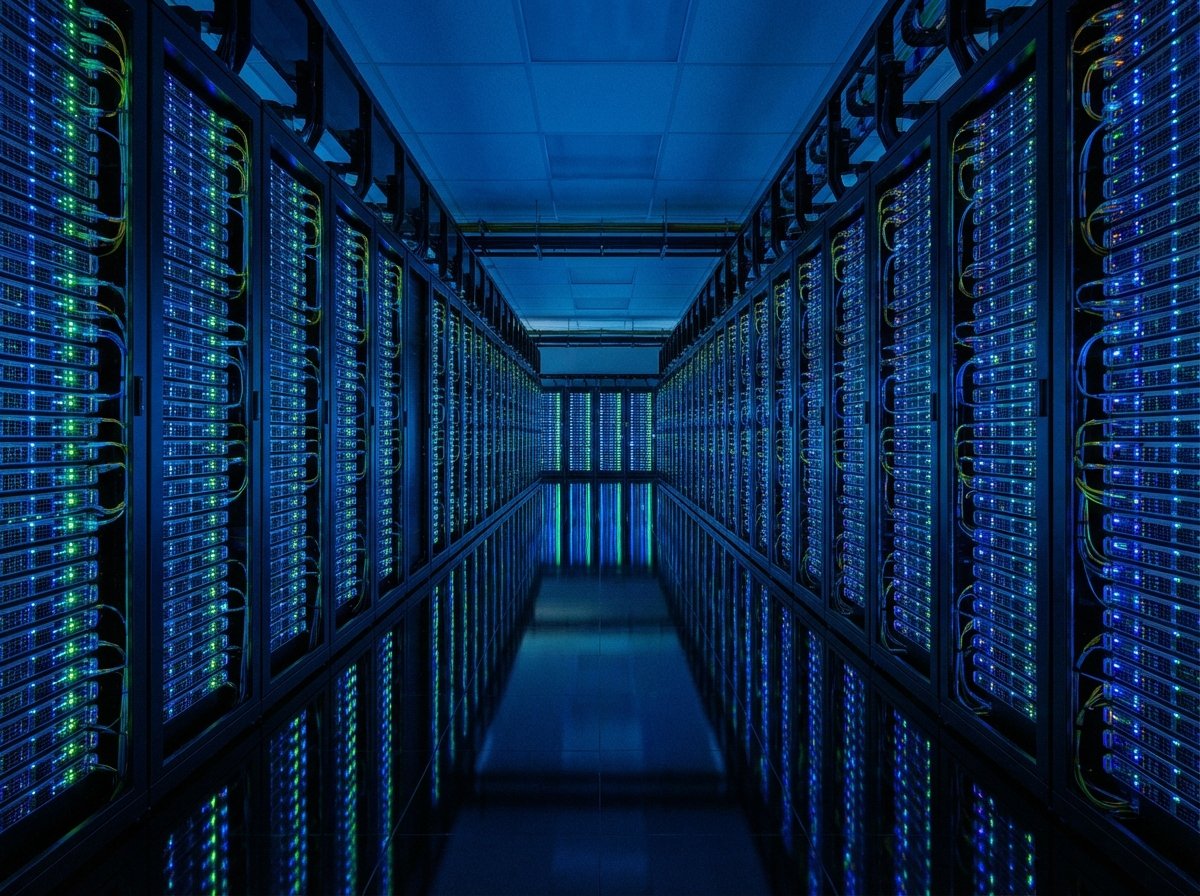 A wide-angle shot of a vast, modern server room with rows of blinking LED lights on server racks. The lighting is a calm, deep blue. The floor is reflective, showing the symmetry of the technology. No text. 4:3