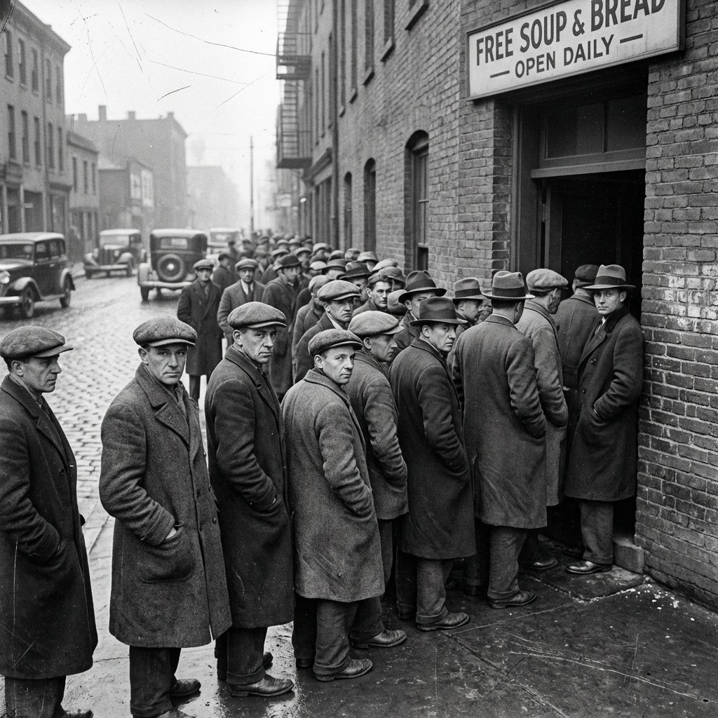 A monochrome historical photo showing the Great Depression era in America, long soup lines of people in vintage coats and hats standing in front of a brick building, somber atmosphere, realistic cinematic lighting, 1:1