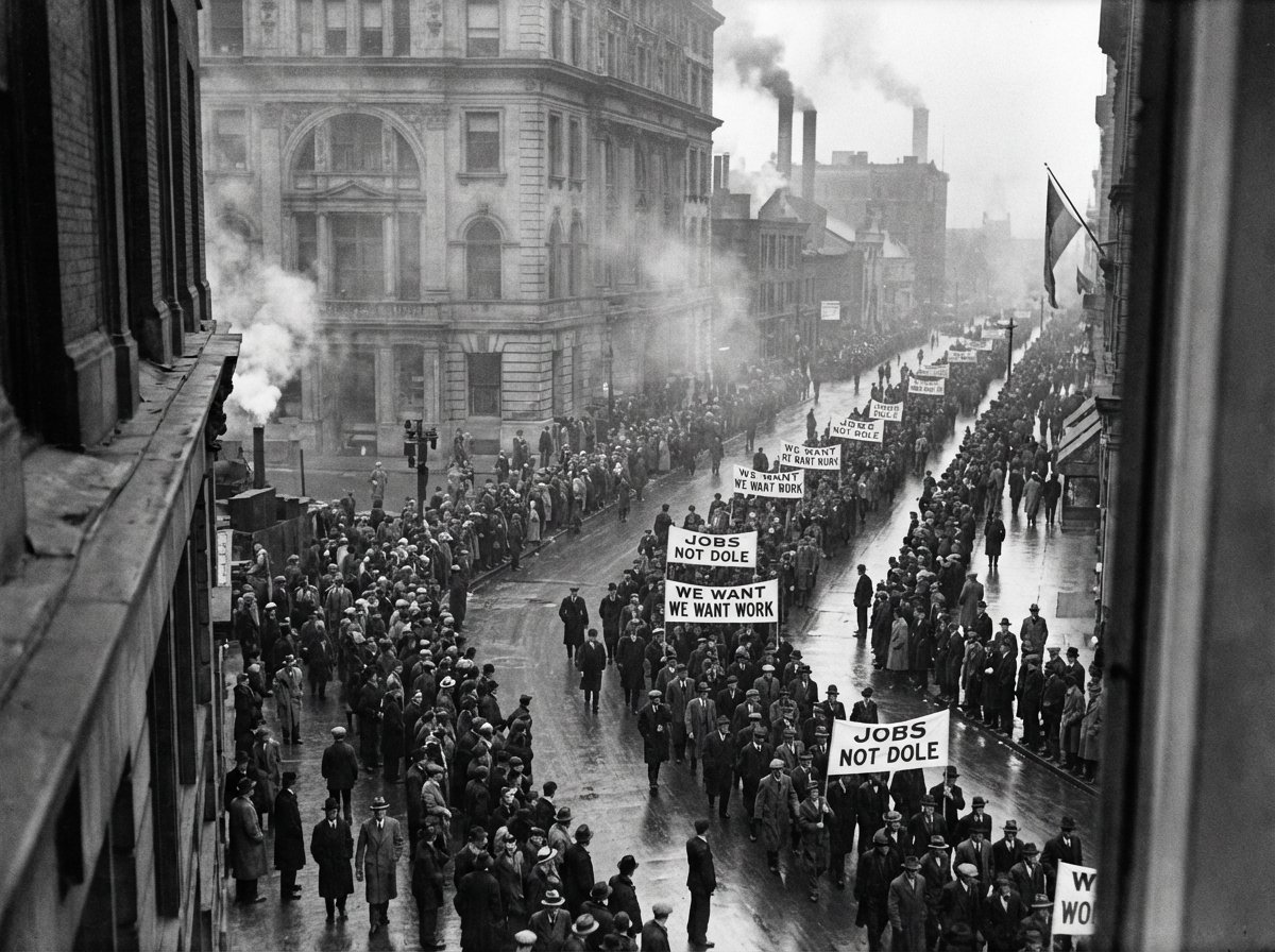 A high-angle view of a massive crowd of men in 1930s attire marching on a city street, carrying banners with handwritten pleas for jobs, atmospheric smoke and grit, historical photography style, 4:3