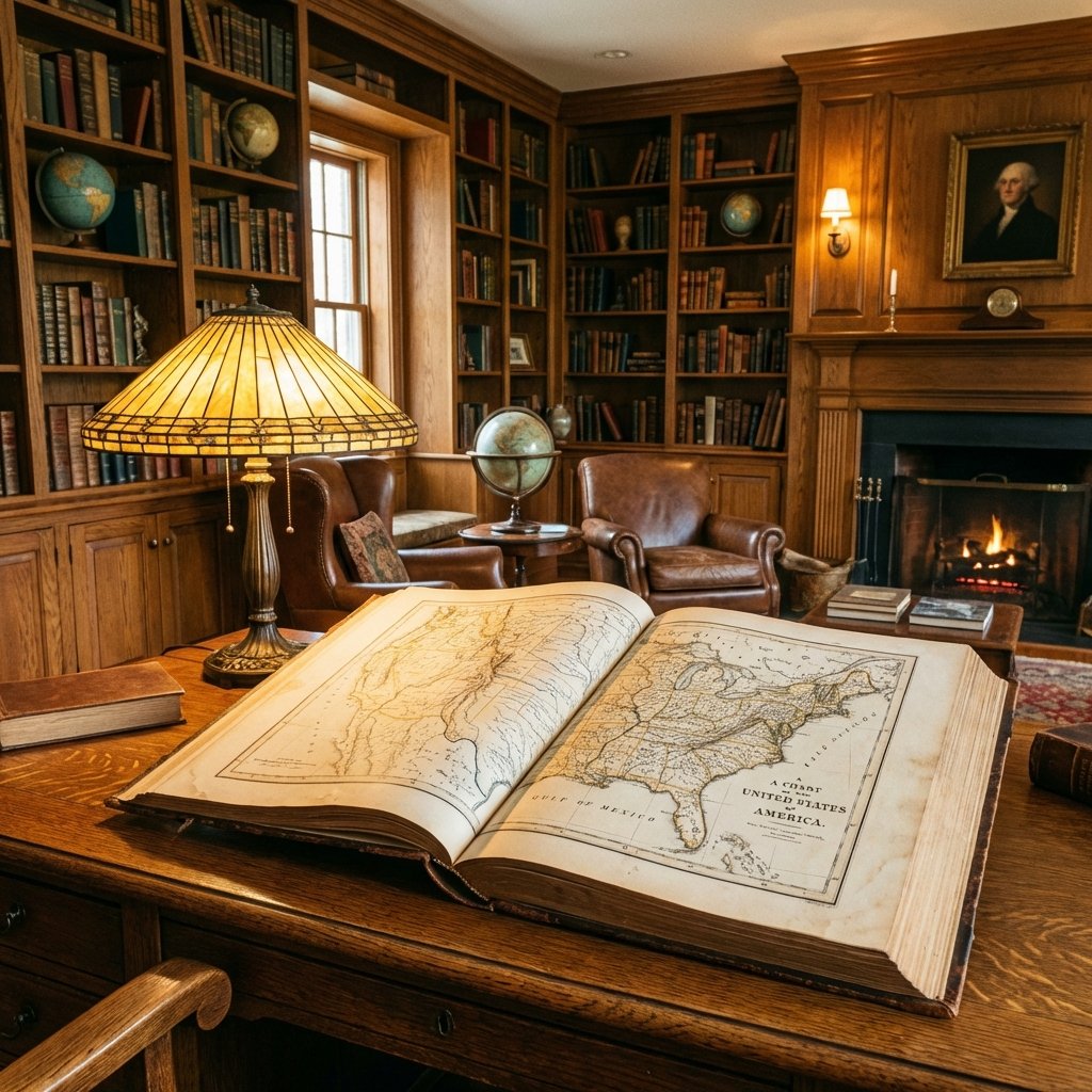 A cozy vintage library with warm lighting, a large historical leather-bound book open on a wooden desk, showing an artistic map of the United States, nostalgic and scholarly mood, 1:1