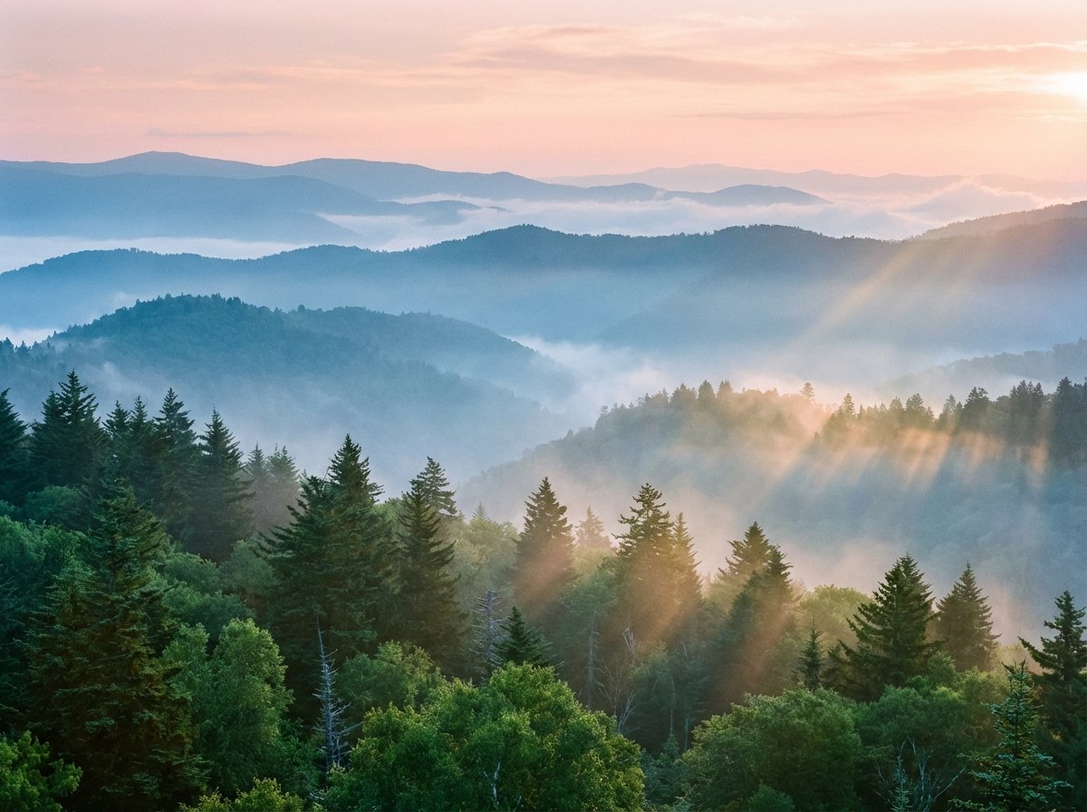 A breathtaking wide shot of the Great Smoky Mountains National Park at dawn. Rolling mountain ridges are covered in a dense, mystical blue-tinted fog. The layers of the mountains fade into the distance. Lush forests of spruce and fir trees are visible in the foreground. Soft sunlight is just beginning to peek through the mist. 4:3