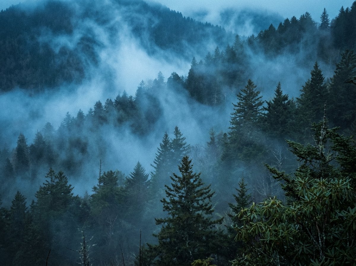 A close-up view of the famous blue mist swirling between the mountain ridges of the Great Smoky Mountains. The fog looks like ethereal blue smoke. The textures of the evergreen trees are visible through the haze. The composition is artistic and moody. 4:3