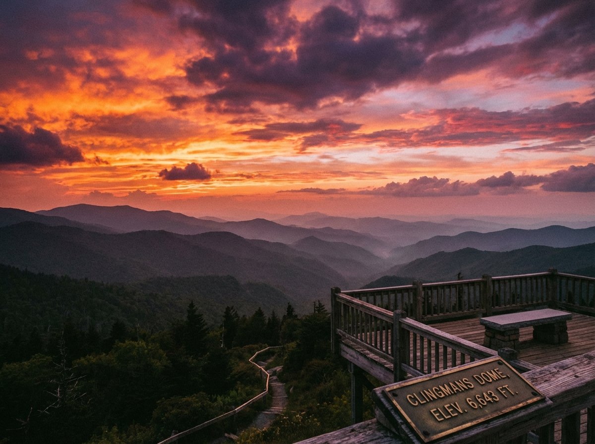 A wide-angle landscape shot of a sunset over the Great Smoky Mountains. The sky is painted in shades of orange, purple, and deep pink. The mountain silhouettes create a series of receding layers. A wooden observation deck or a rocky viewpoint is in the corner. 4:3